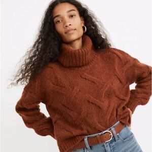Madewell Somervell Modern Cable Turtleneck sweater wool sz XS loose weave brown